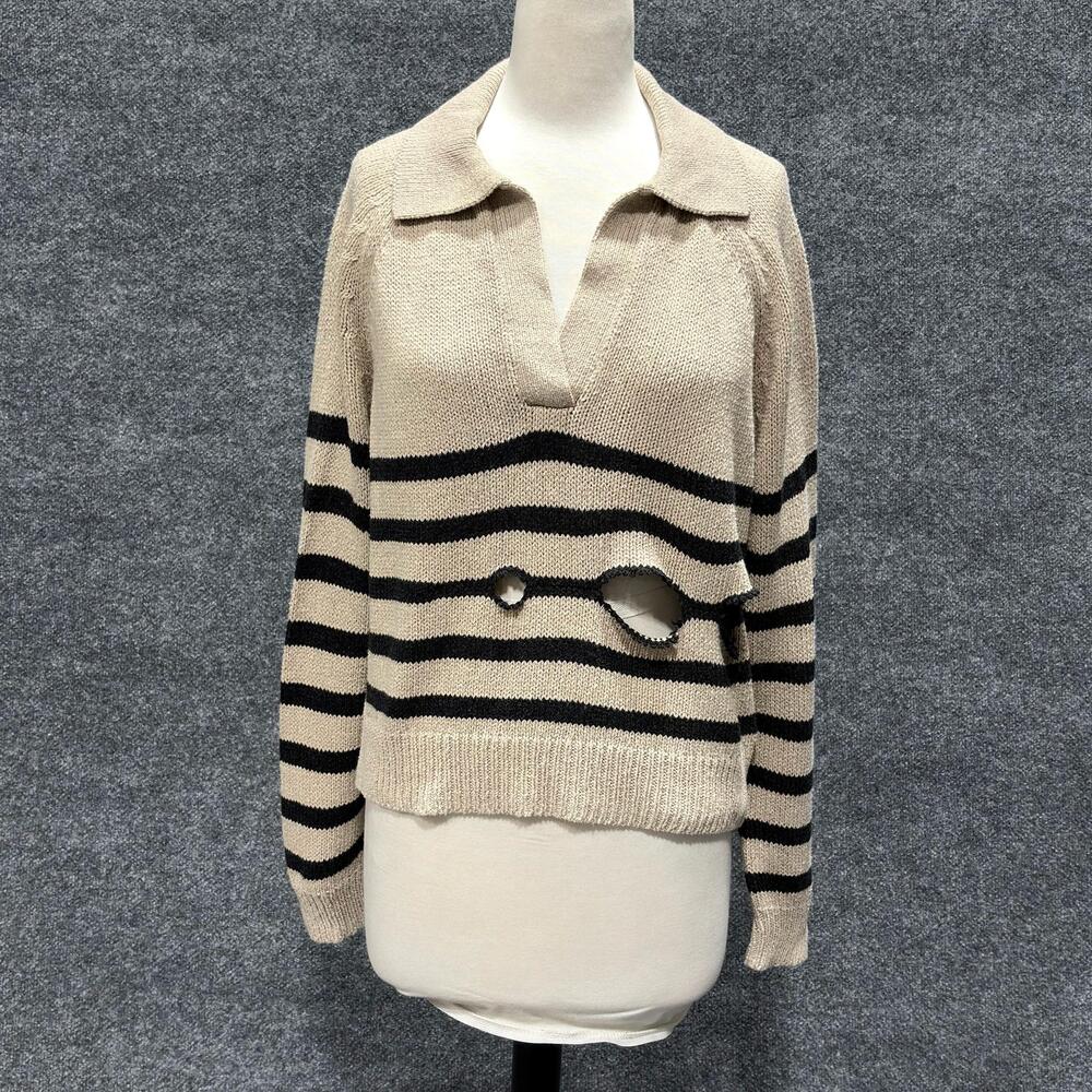 Marine Layer Sweater Womens Small Beige Black Stripe Collared Knit Pullover